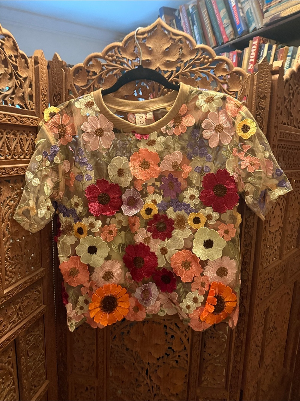 Girls Floral Embroidered Mesh Top - Multicolor